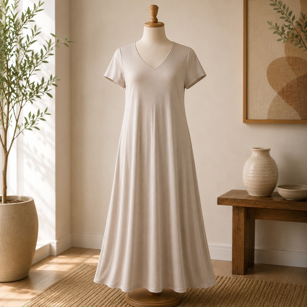 NEW Belle by Kim Gravel Maxi Dress L Tan V-Neck Short Sleeve Pockets Relaxed